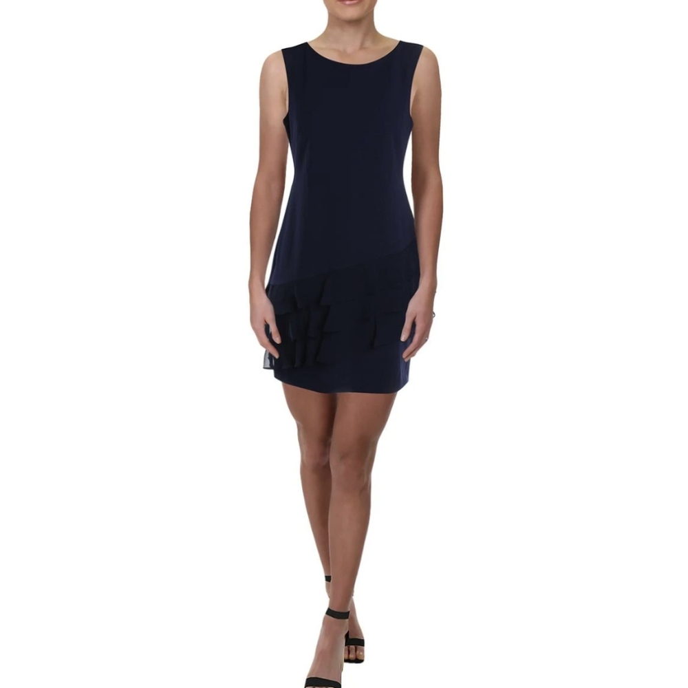 Connected Apparel Petite Black Cocktail Dress Tiered Skirt